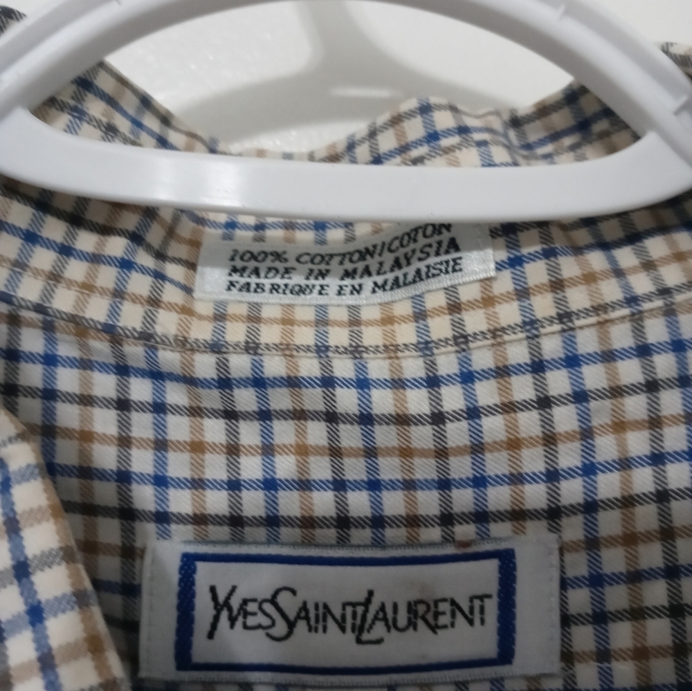 Yves Saint Laurent YSL Men's button down beige Navy blue Checked Shirt 16.5 - Picture 3 of 8